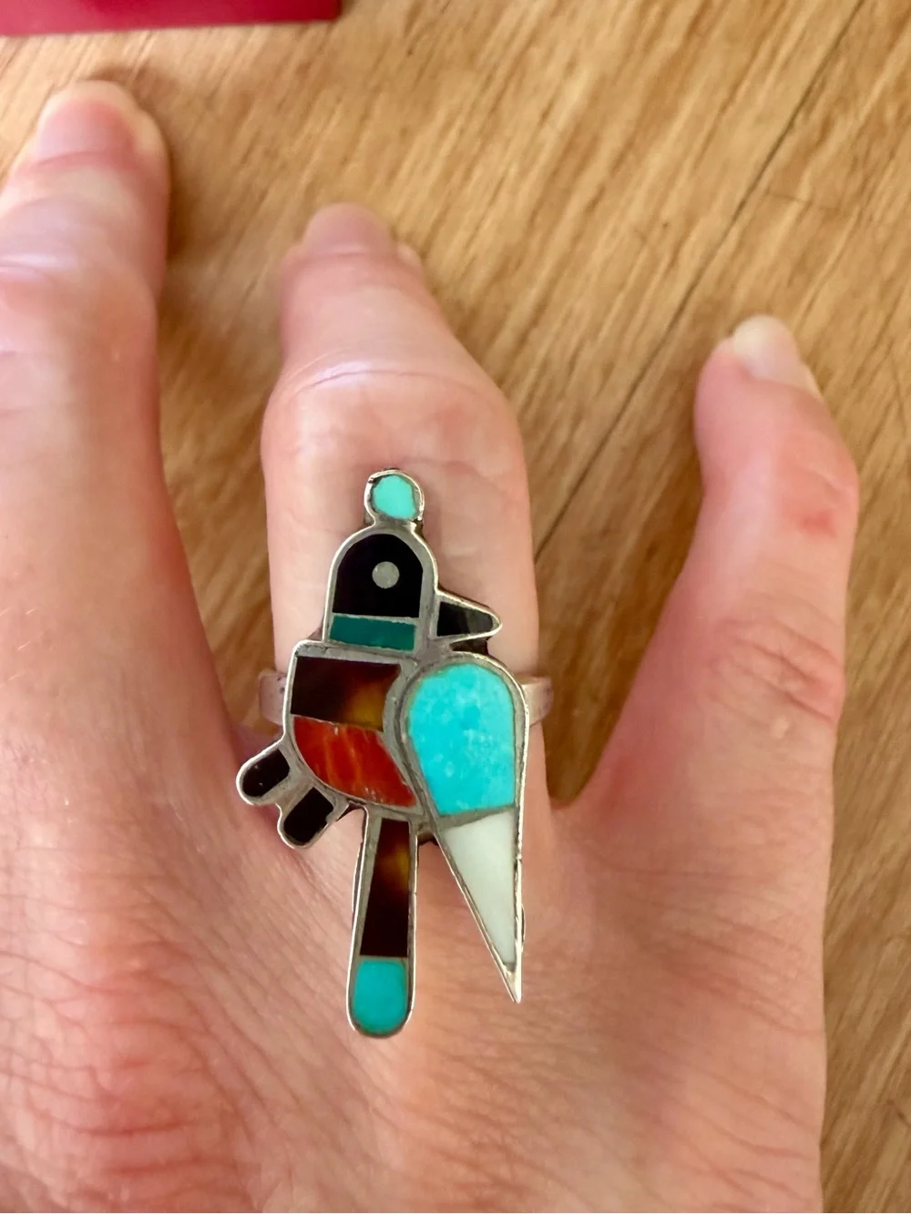 Vintage Native American Zuni Sterling Silver Turquoise Inlay Bird Ring Size 6
